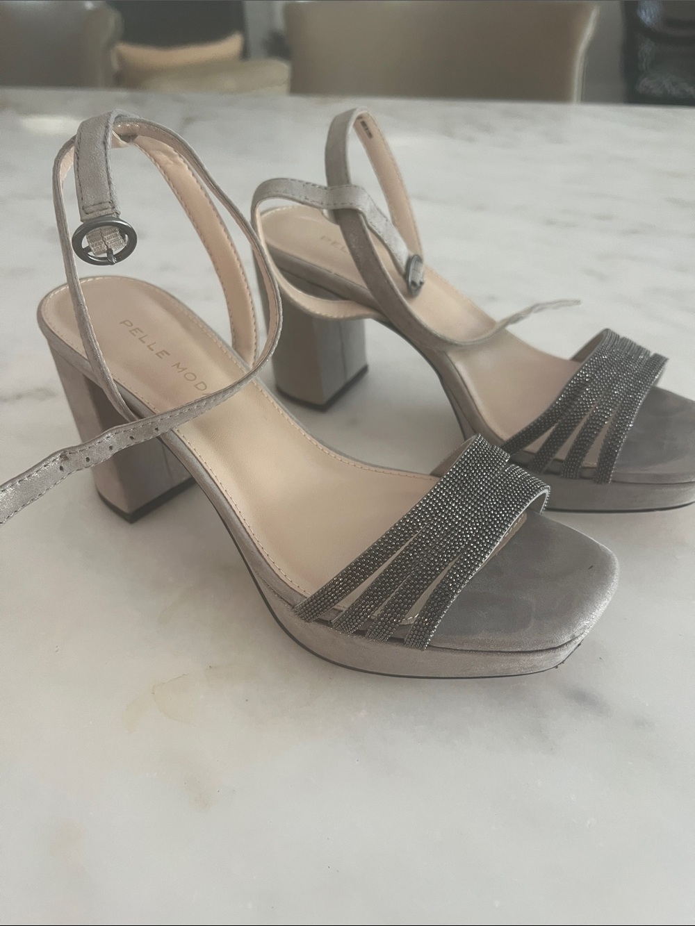 Pelle Moda Gray Crystal Strap Block Heel Sandals